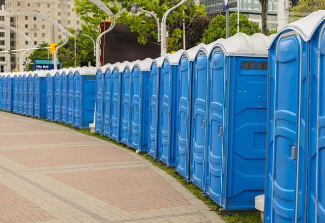 a row of portable restrooms at an outdoor special event, ready for use in Buzzards Bay